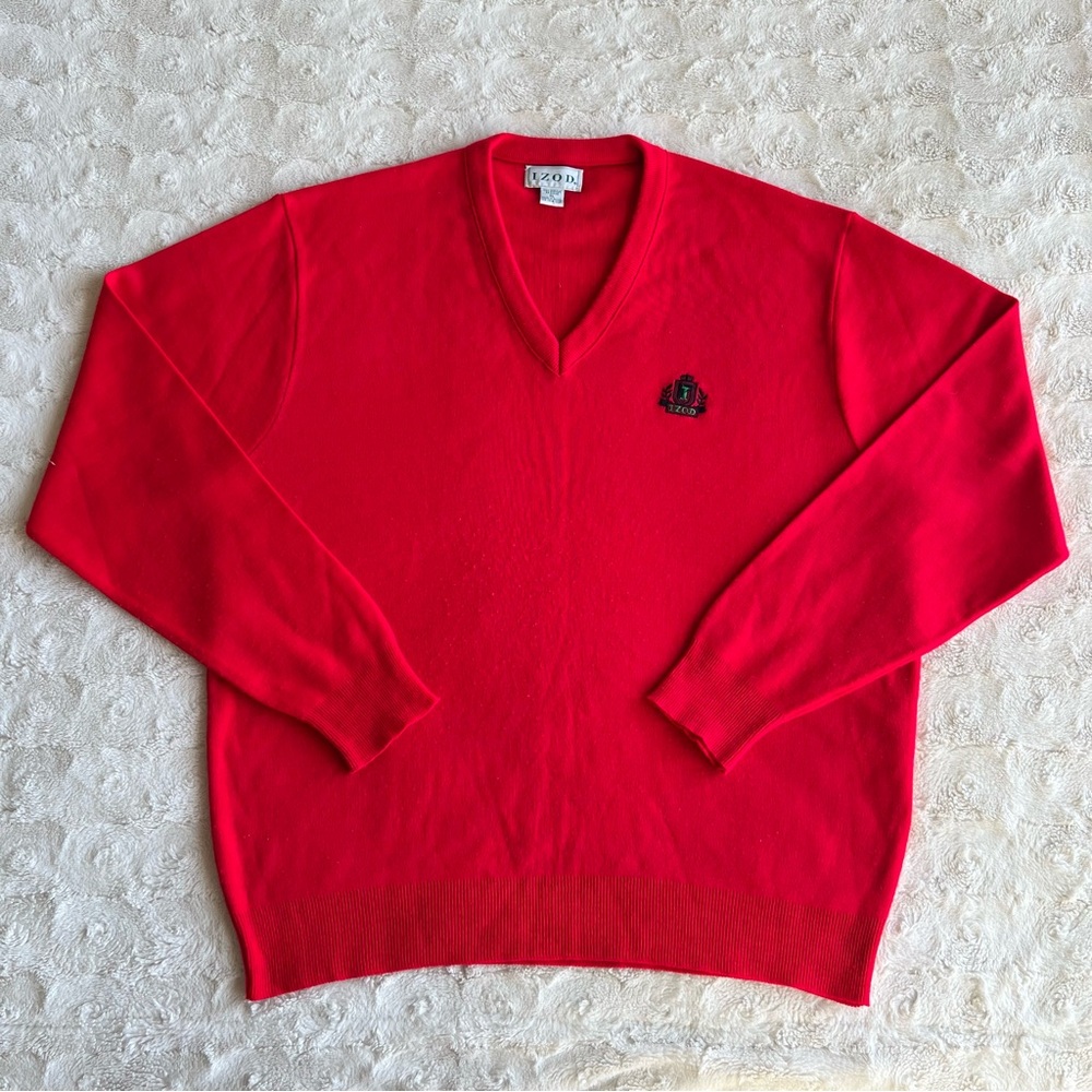 Vintage Izod Sweater Pullover Mens XL Red Embroidered V-Neck 90s Tennis Grandpa
